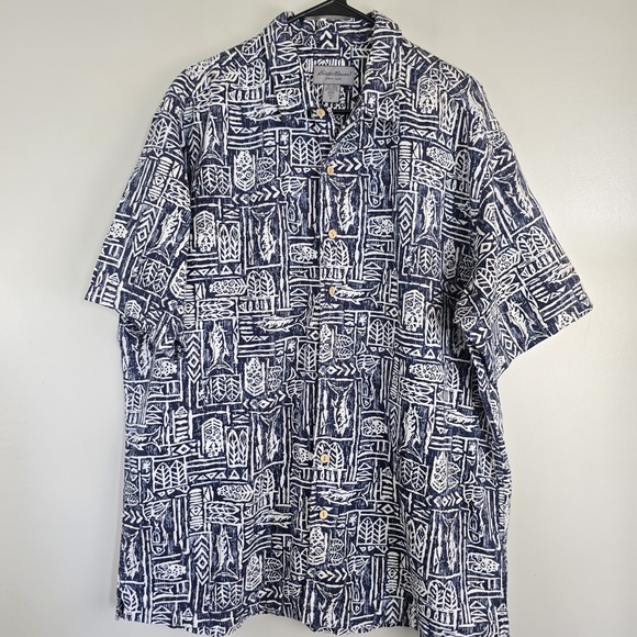Eddie Bauer Shirt Mens XLT Tall Blue Graphic Button Up Linen Blend Hawaiian.D199 - Picture 1 of 11